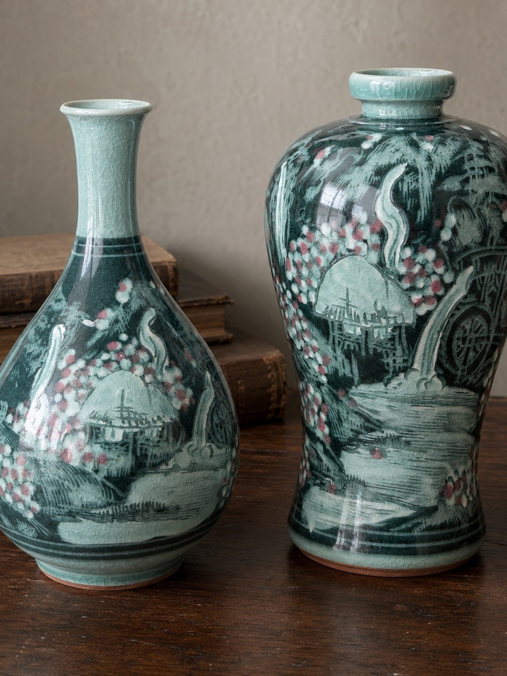Vintage Korean Haegwang Celadon Sanggam Vase Pair w/ Certificate